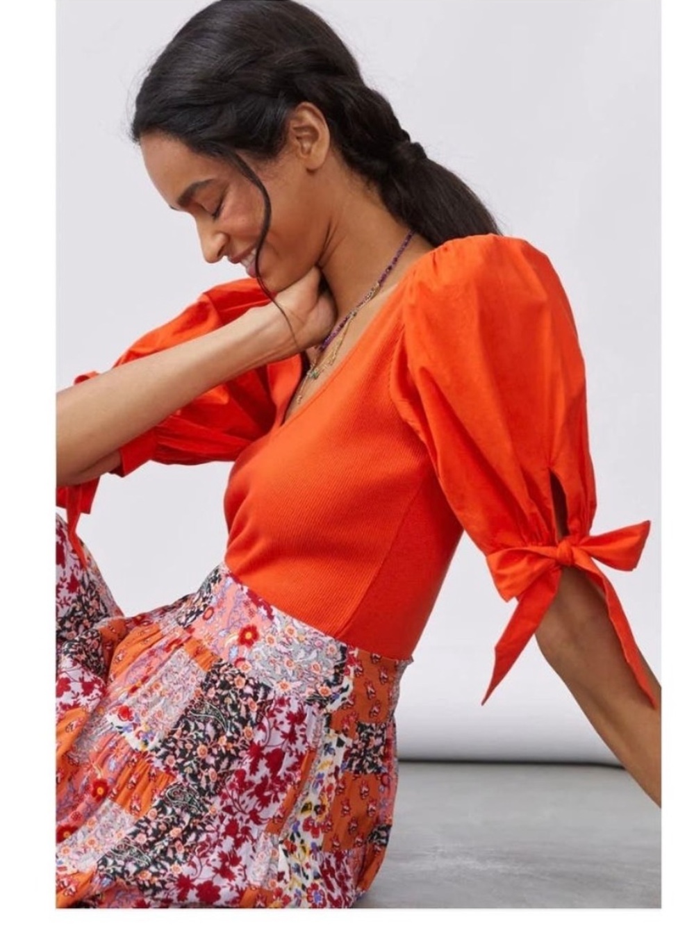 Maeve Anthropologie Puff-Sleeved Ribbed Bodice Red Blouse Top size medium